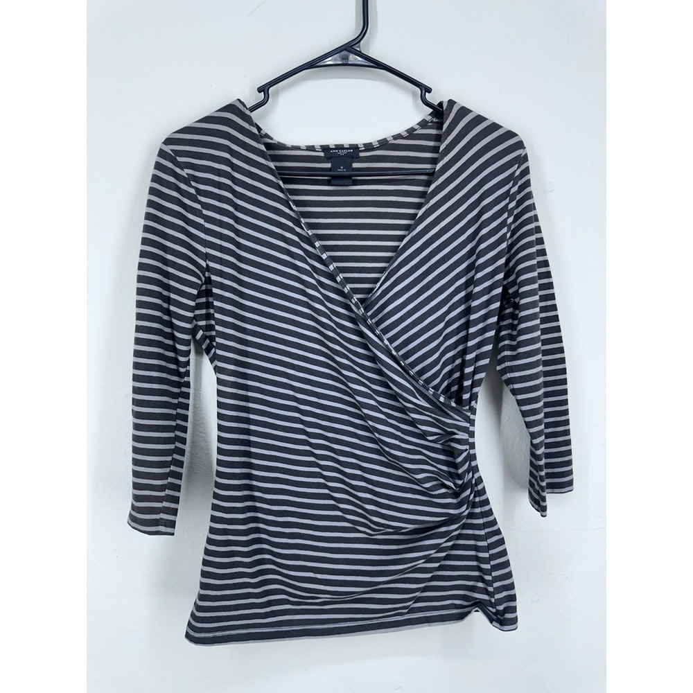 Ann Taylor Striped Wrap Top MEDIUM Brown Ivory 3/4 Sleeve Ruched Stretch Casual